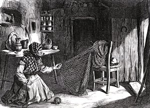 アイルランドからのスケッチ：ゴールウェイのクラダーでネットを作る女性、「The Illustrated London News」（1870年）のイラスト 作： English School